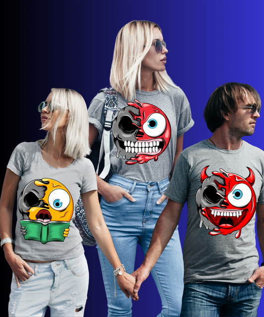 “Crazy Emoji Cartoon T-Shirt”  “Multi-Face Emoji Graphic Tee”  “Expressive Emoji Art Tee”